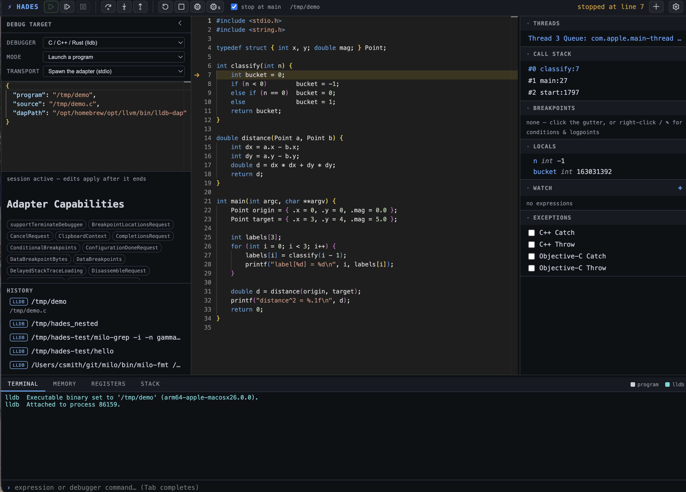 hades web UI — stopped at a breakpoint inside classify(), showing the source view, call stack, locals, and a live lldb terminal