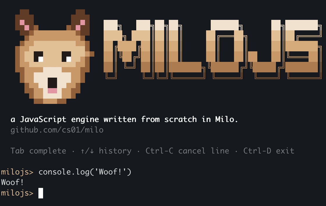 milojs REPL evaluating console.log('Woof!')
