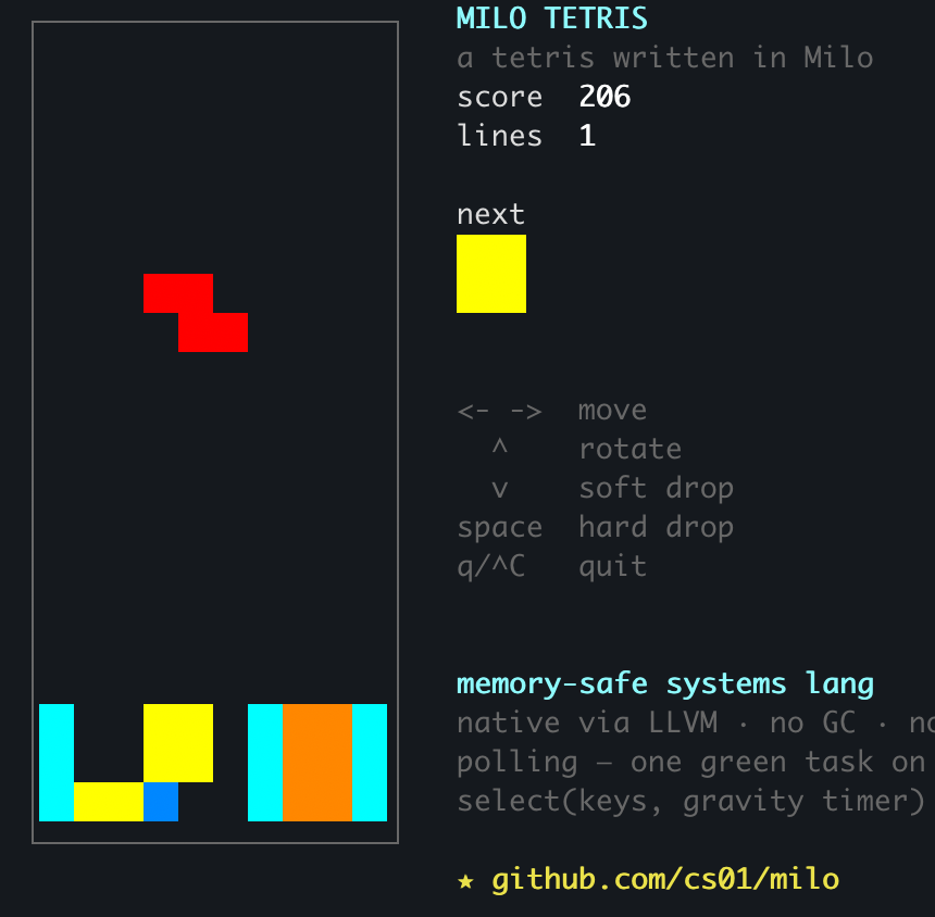 Milo Tetris in the terminal